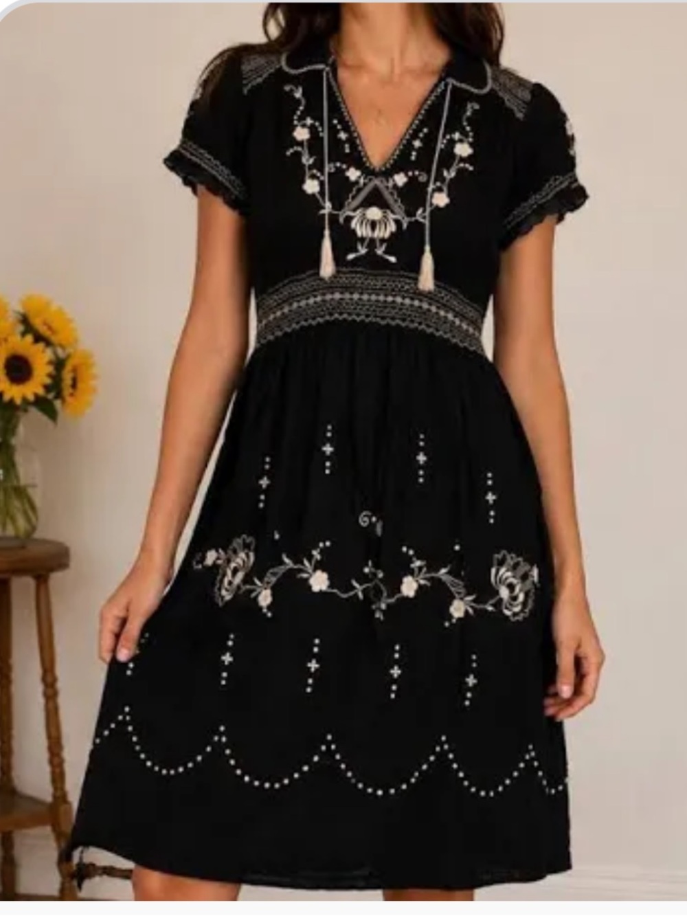 Lucky Brand Black Dress with White Floral Embroidery. Size Medium